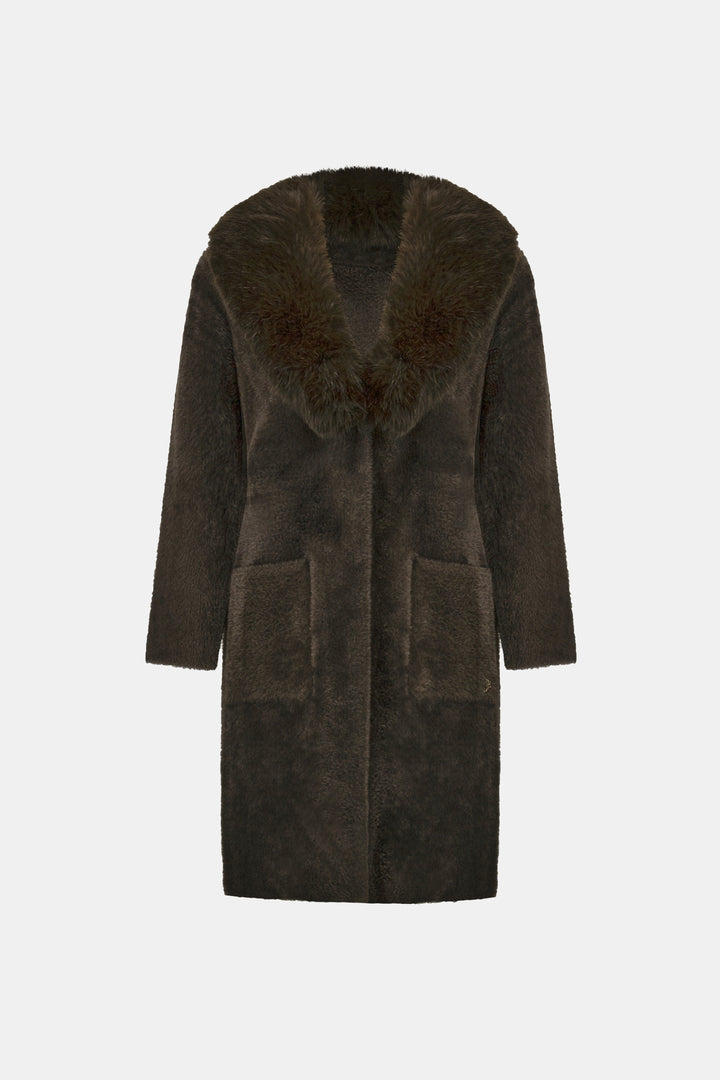 Feather Yarn Knit Coat With Detachable Faux Fur Collar