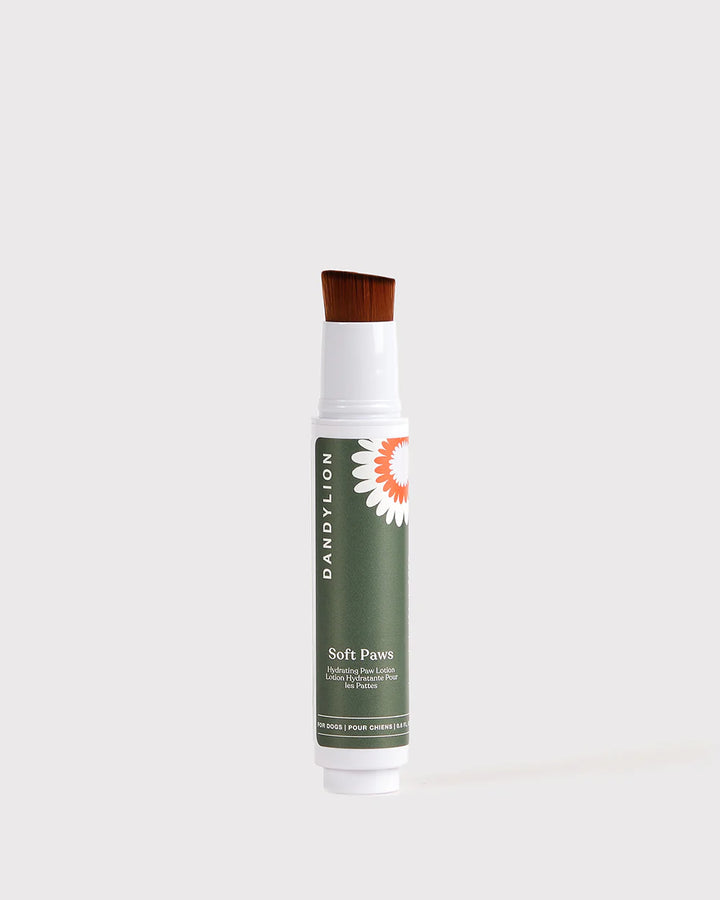 Dandylion Soft Paws Hydrating Paw Lotion applied to a dog's paw, showing a caring and moisturizing treatment for pet paw health.