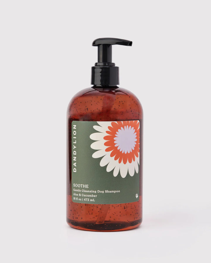 Dandylion Soothe Gentle Cleansing Dog Shampoo bottle with label, designed for sensitive skin and soothing pet grooming.