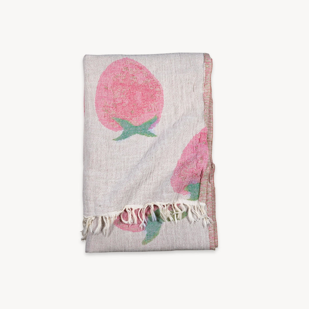 Pokoloko strawberry shortcake Turkish cotton towel with vibrant red and pink berries, soft and absorbent for beach or bath use.