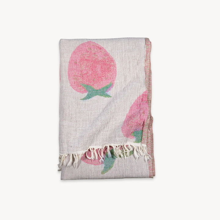 Pokoloko strawberry shortcake Turkish cotton towel with vibrant red and pink berries, soft and absorbent for beach or bath use.