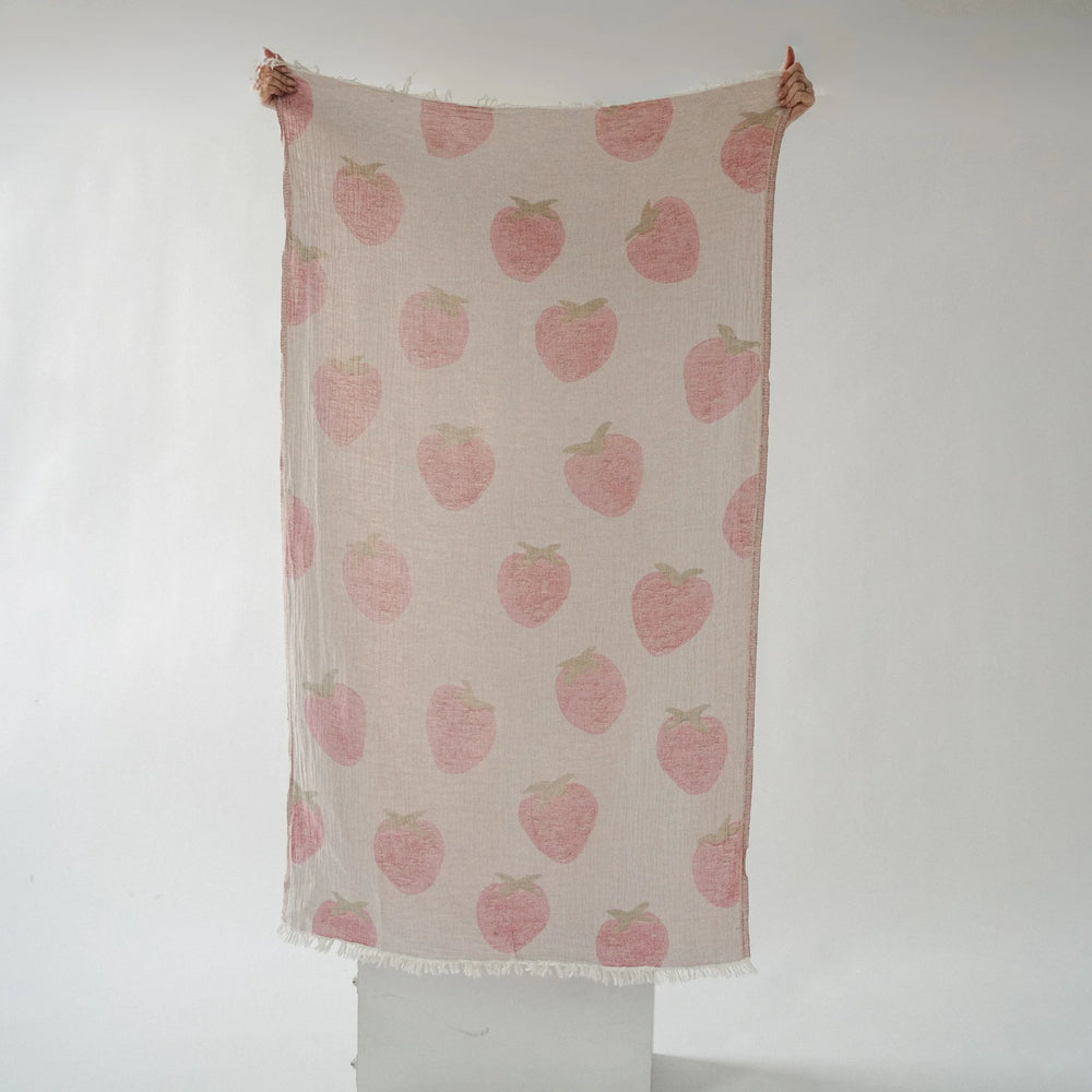 Strawberry Shortcake Turkish cotton towel by Pokoloko with vibrant red and pink strawberry pattern, soft and absorbent fabric.