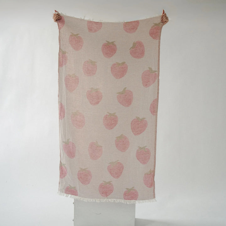 Strawberry Shortcake Turkish cotton towel by Pokoloko with vibrant red and pink strawberry pattern, soft and absorbent fabric.