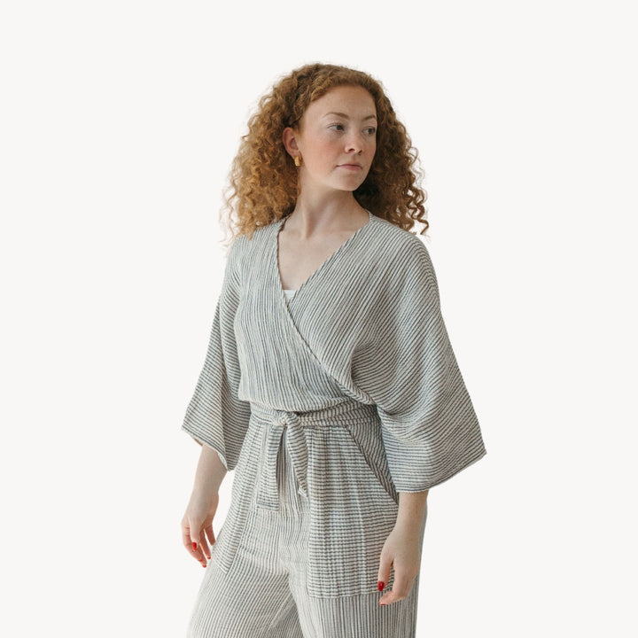 Pokoloko striped crinkle cotton balloon sleeve top with relaxed fit, tie waist and stripe pattern, perfect for casual and stylish outfits.