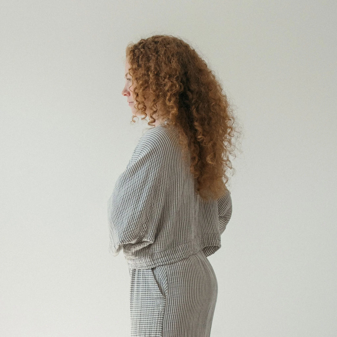 Pokoloko striped crinkle cotton balloon sleeve top with relaxed fit and soft stripes, casual and stylish for everyday wear.