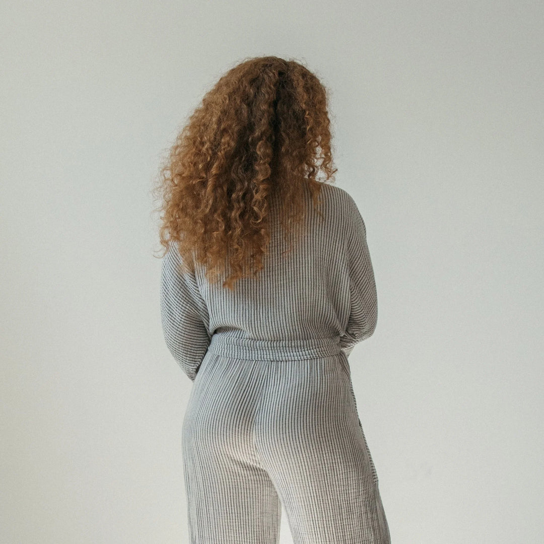Pokoloko striped crinkle cotton balloon sleeve top with relaxed fit and soft stripe  pattern, suitable for casual and stylish wear.