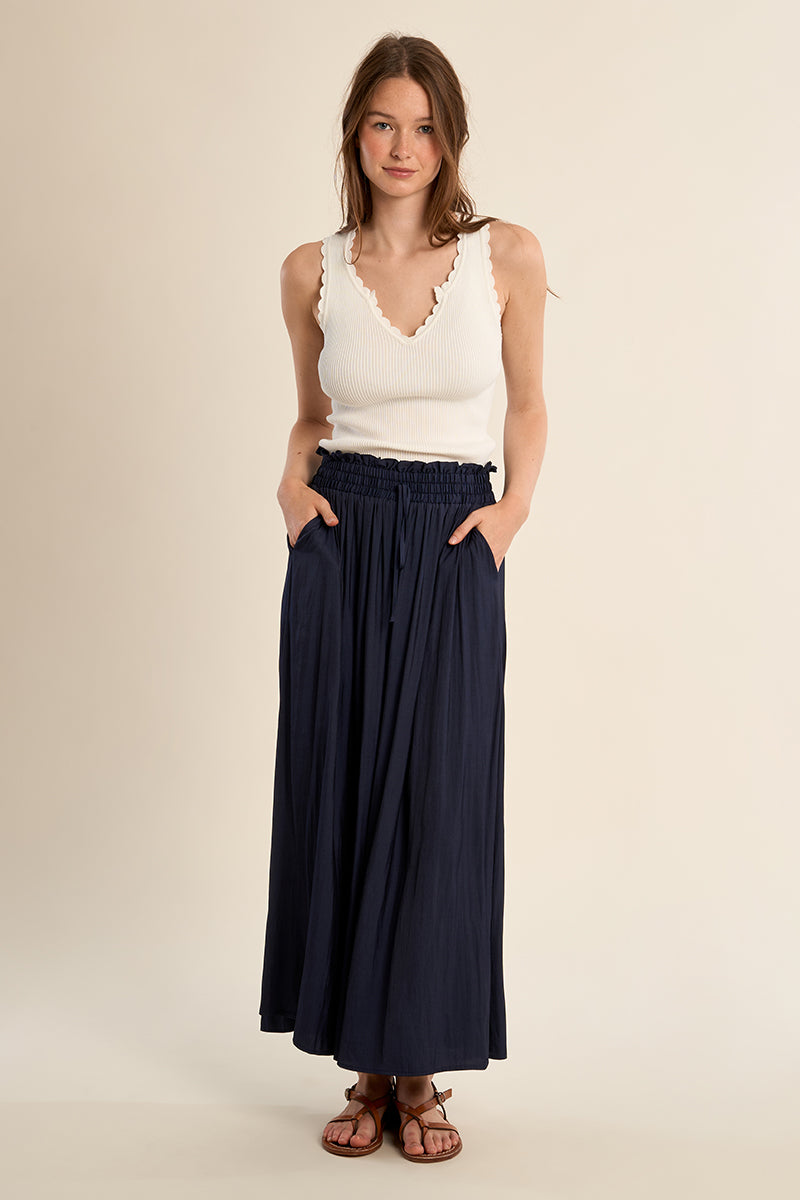 Navy Palazzo Pant by Molly Bracken featuring a flowy, wide-leg design with smooth fabric for a stylish, comfortable look.