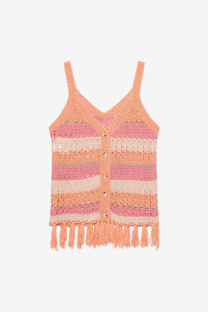 Women’s bohemian style knit tank top with peach, pink and cream stripes and button front with tassel details 