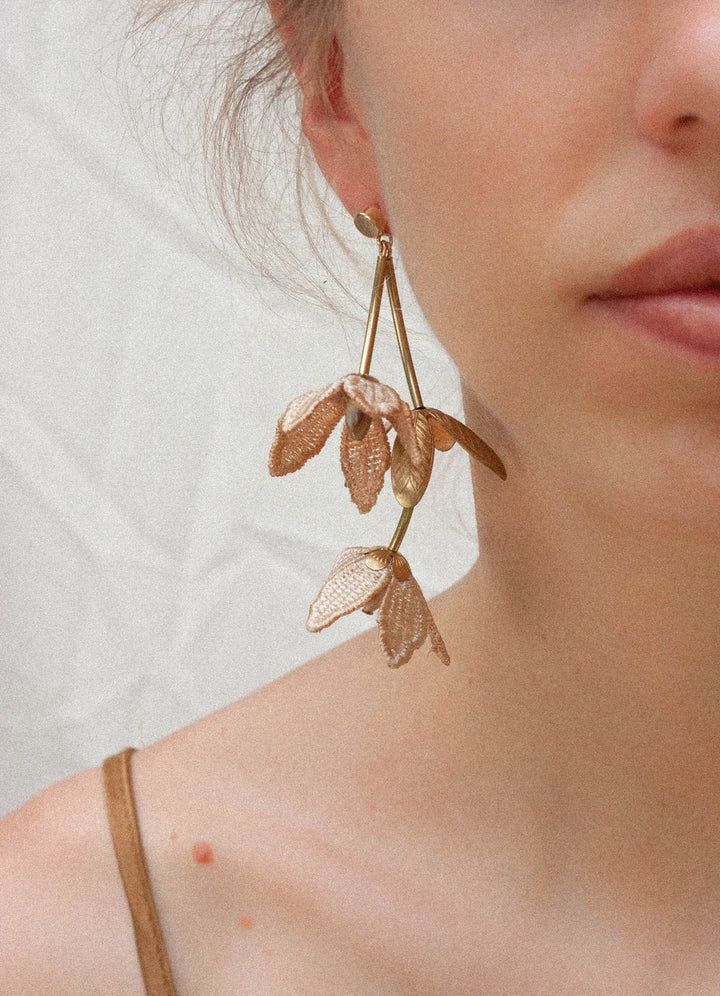 Tahitian Gardenia Flower Earring by Ilk Jewelry featuring a delicate floral design in vintage lace  and gold-tone finish.