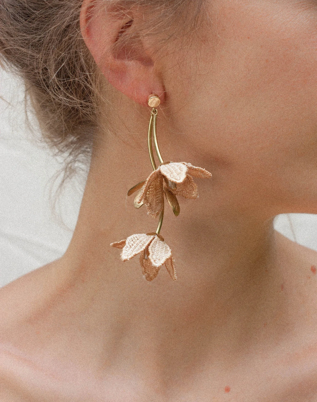 Silver Tahitian Gardenia flower earring by Ilk Jewelry featuring intricate floral design in vintage lace  and elegant craftsmanship.