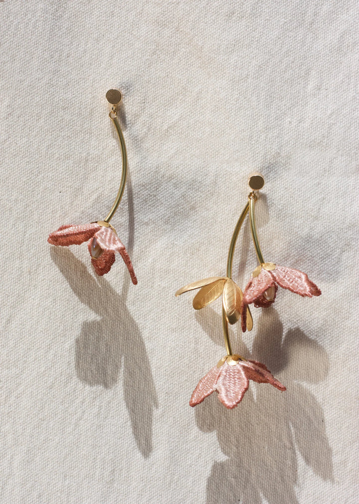 Ilk Jewelry Tahitian Gardenia Flower Earring featuring a delicate flower design in vintage lace  with intricate beaded detailing.