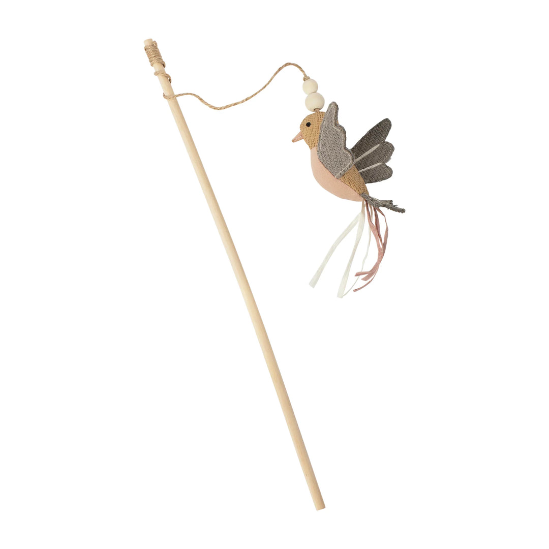 FRINGE Taking Flight Teaser Cat Toy showing colorful feather attachments on bird and a sleek handle for interactive play.