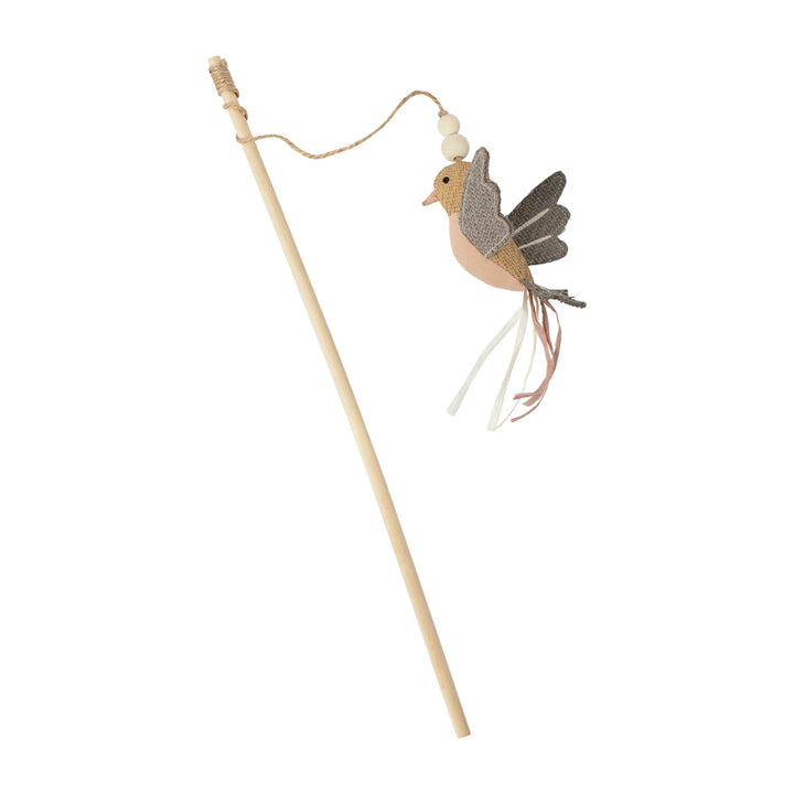 FRINGE Taking Flight Teaser Cat Toy showing colorful feather attachments on bird and a sleek handle for interactive play.
