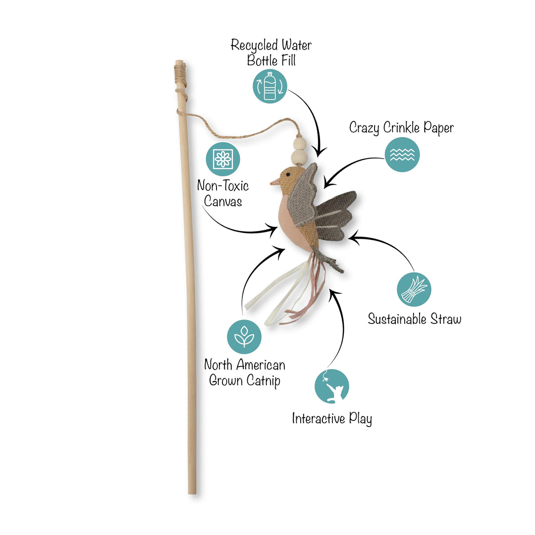 FRINGE Taking Flight Teaser Cat Toy with feather and bird toy and string for interactive play and feline entertainment.