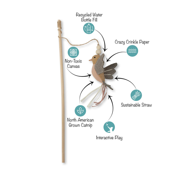 FRINGE Taking Flight Teaser Cat Toy with feather and bird toy and string for interactive play and feline entertainment.