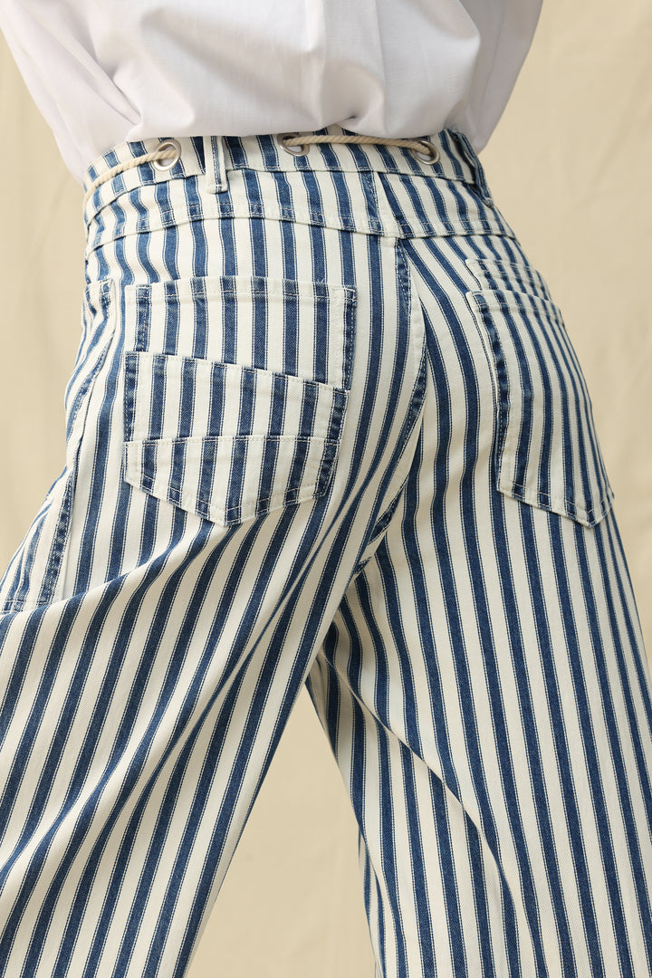 Blue and white striped pants with a beige background