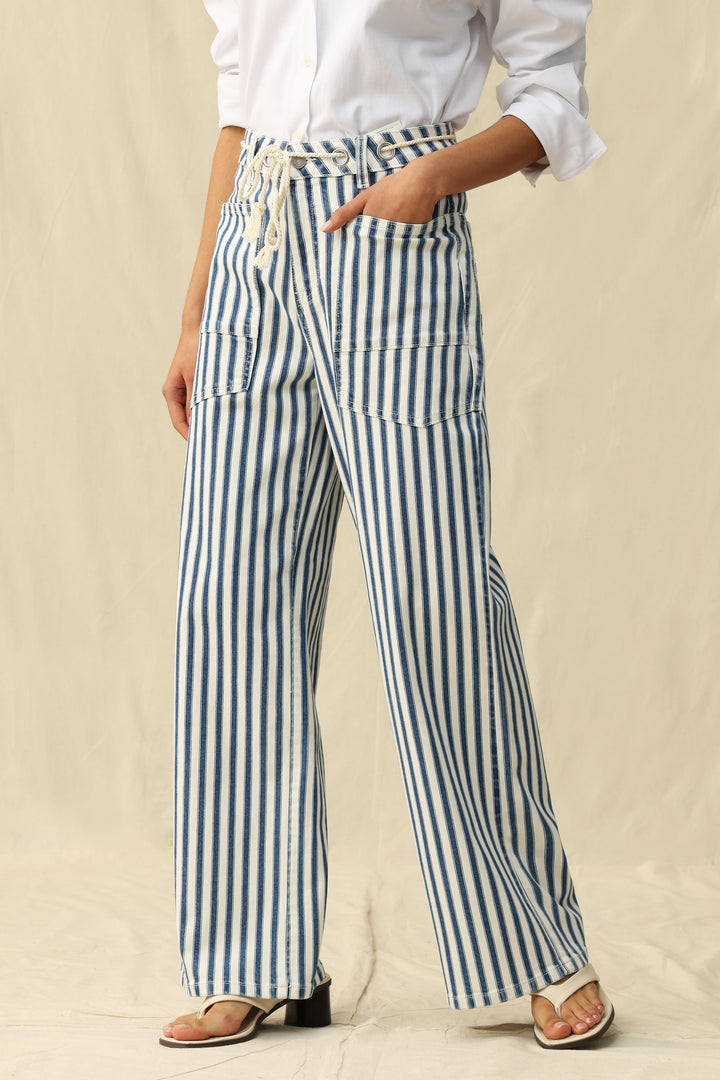 Bayea Tamsin Rail Stripe Wide Leg Jeans shown on a person, featuring bold rail stripe pattern and relaxed fit, casual denim style.