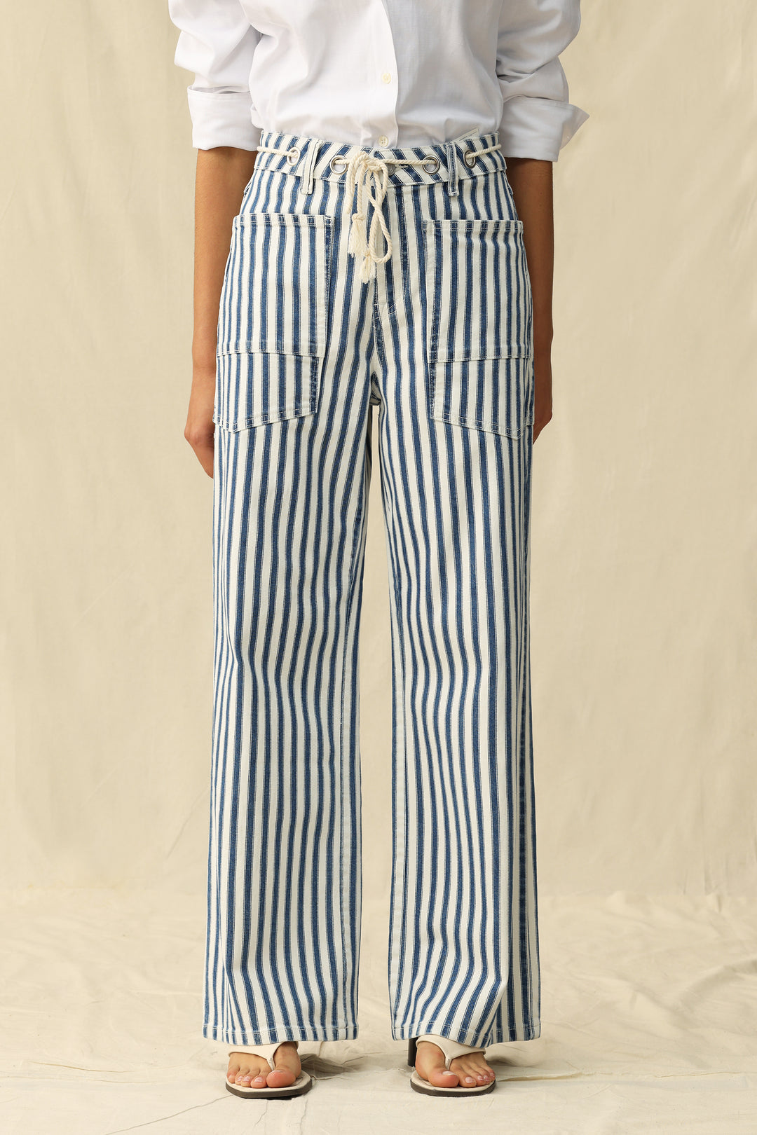 Bayeas Tamsin Rail Stripe Wide Leg Jean showcased in a casual setting, featuring a stylish blue and white striped design.