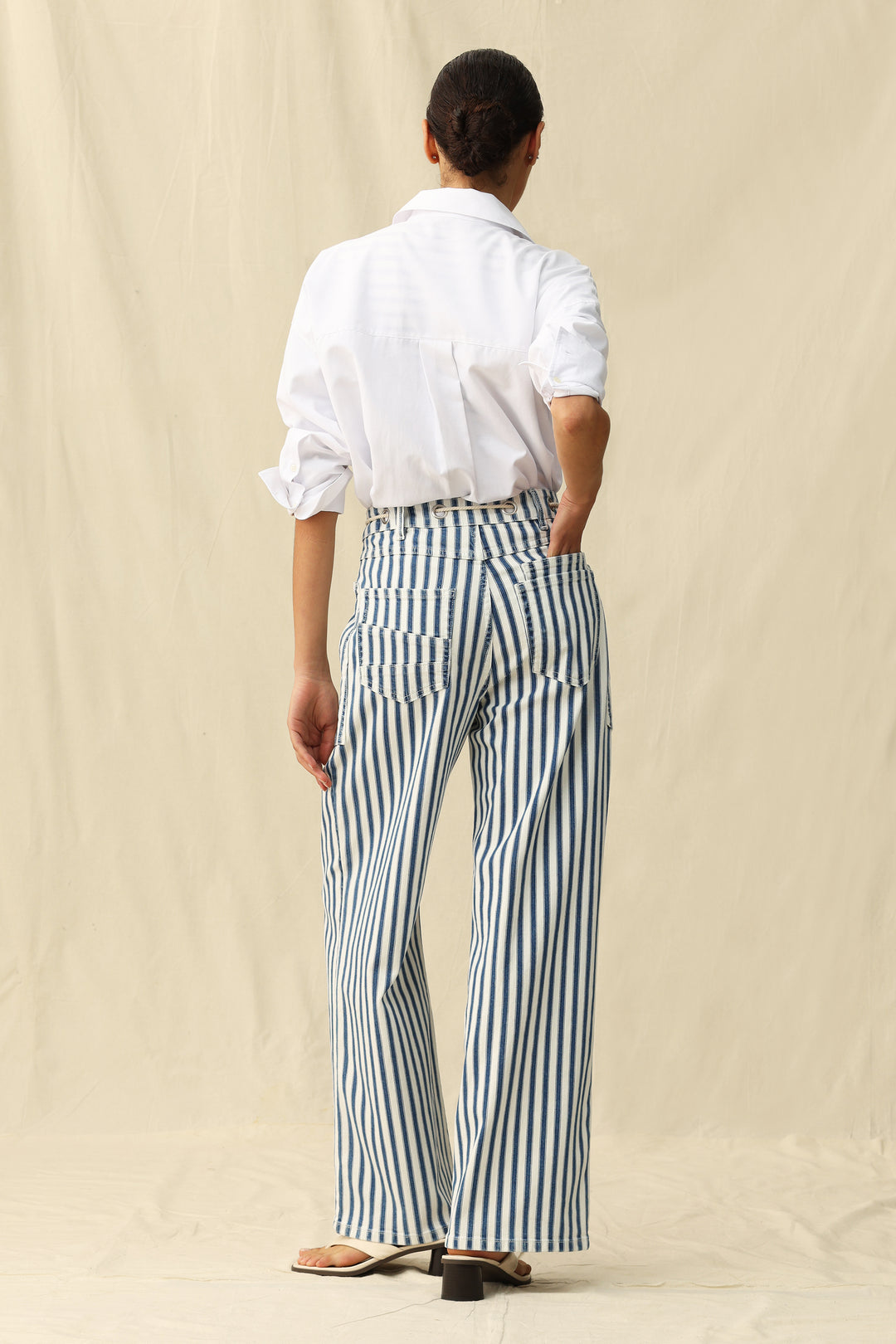 Bayes Tamsin Rail Stripe Wide Leg Jean worn by a person, featuring bold rail stripe pattern and relaxed wide-leg fit.