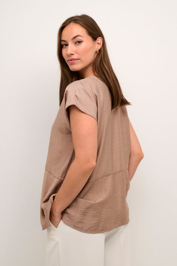  Flowy viscose blouse with subtle asymmetrical cut, v neck, and soft short sleeves in warm taupe colour