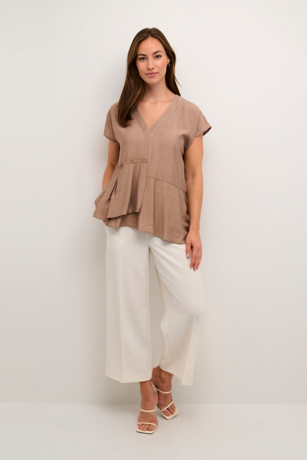  Flowy viscose blouse with subtle asymmetrical cut, v neck, and soft short sleeves in warm taupe colour