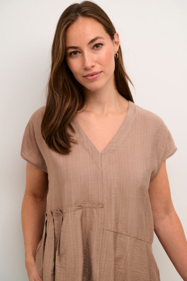  Flowy viscose blouse with subtle asymmetrical cut, v neck, and soft short sleeves in warm taupe colour