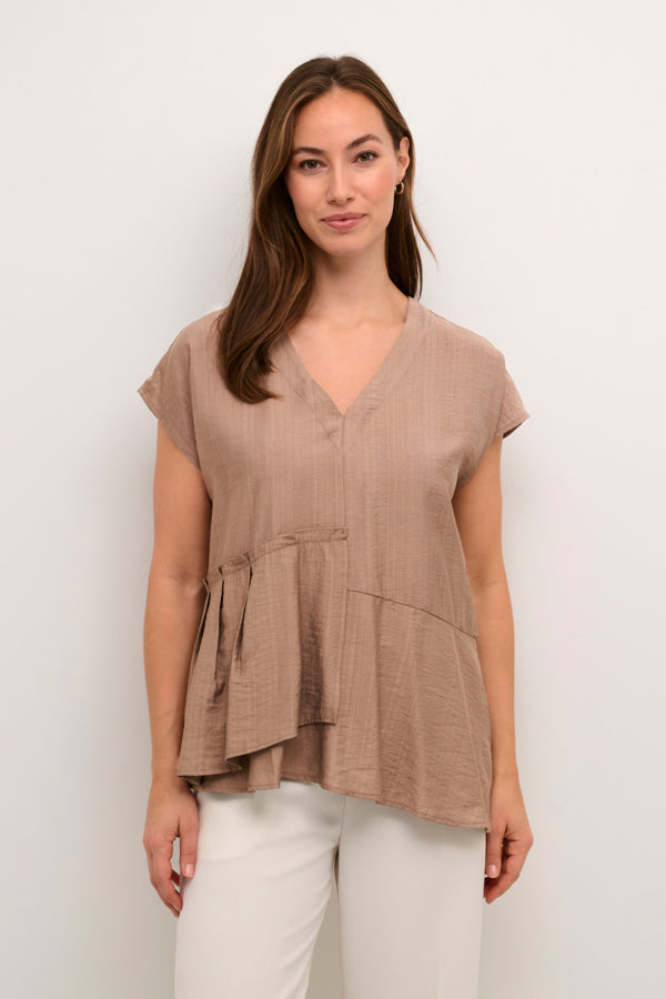  Flowy viscose blouse with subtle asymmetrical cut, v neck, and soft short sleeves in warm taupe colour