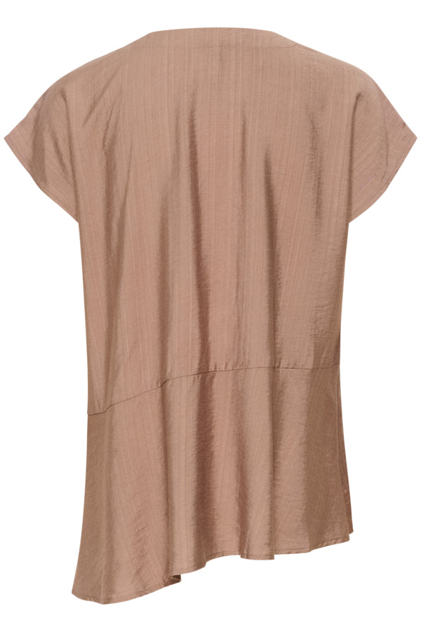  Flowy viscose blouse with subtle asymmetrical cut, v neck, and soft short sleeves in warm taupe colour
