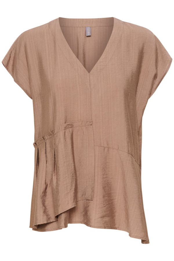 Flowy viscose blouse with subtle asymmetrical cut, v neck, and soft short sleeves in warm taupe colour
