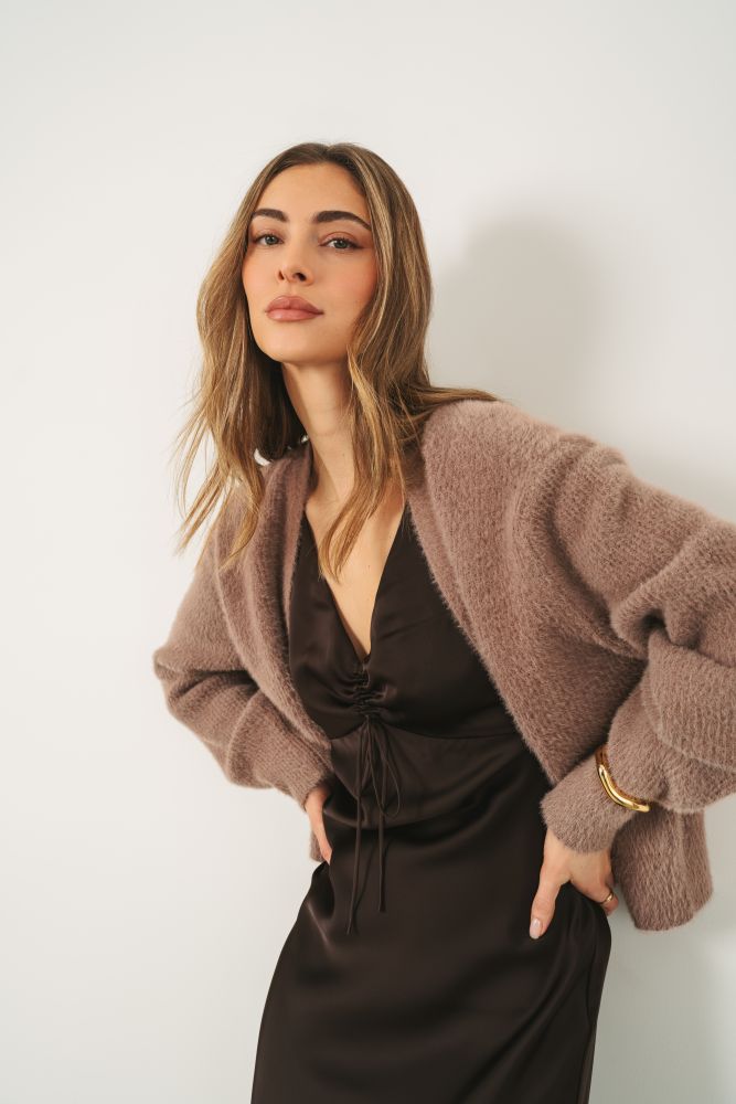 Gentle Fawn Theodora Cardigan in Cocoa, shown layered over an Espresso dress, featuring a cozy knit and relaxed fit.