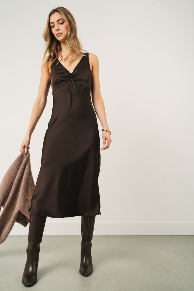 Gentle Fawn Antonia satin dress in espresso, featuring a sleek, elegant design with smooth fabric and a flattering fit.
