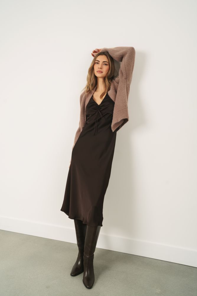 Gentle Fawn Antonia Satin Dress in cocoa, featuring a smooth satin fabric and elegant design, paired with Theodora cardigan.