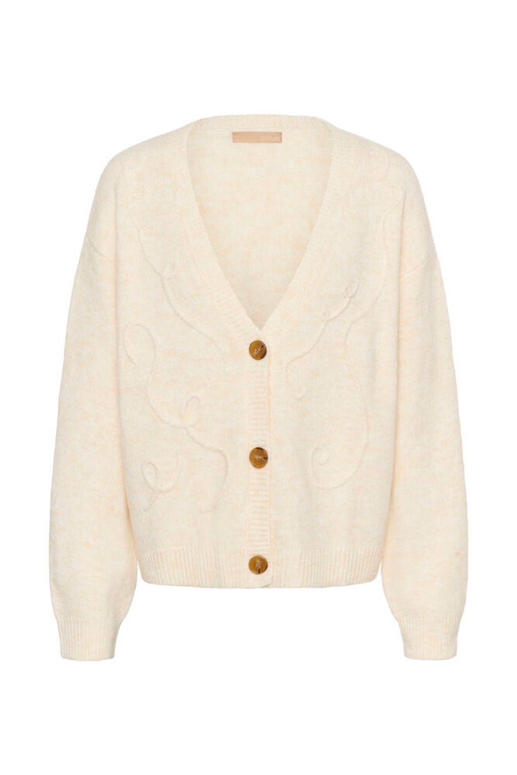 Cream-colored cardigan with brown buttons on a white background
