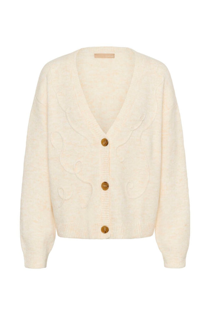 Cream-colored cardigan with brown buttons on a white background