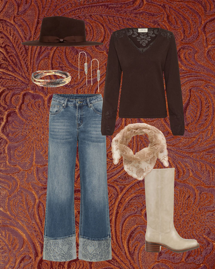 Culture Aniceta embroidered cuff wide leg jean showing classic denim with embroidered details at the cuff.