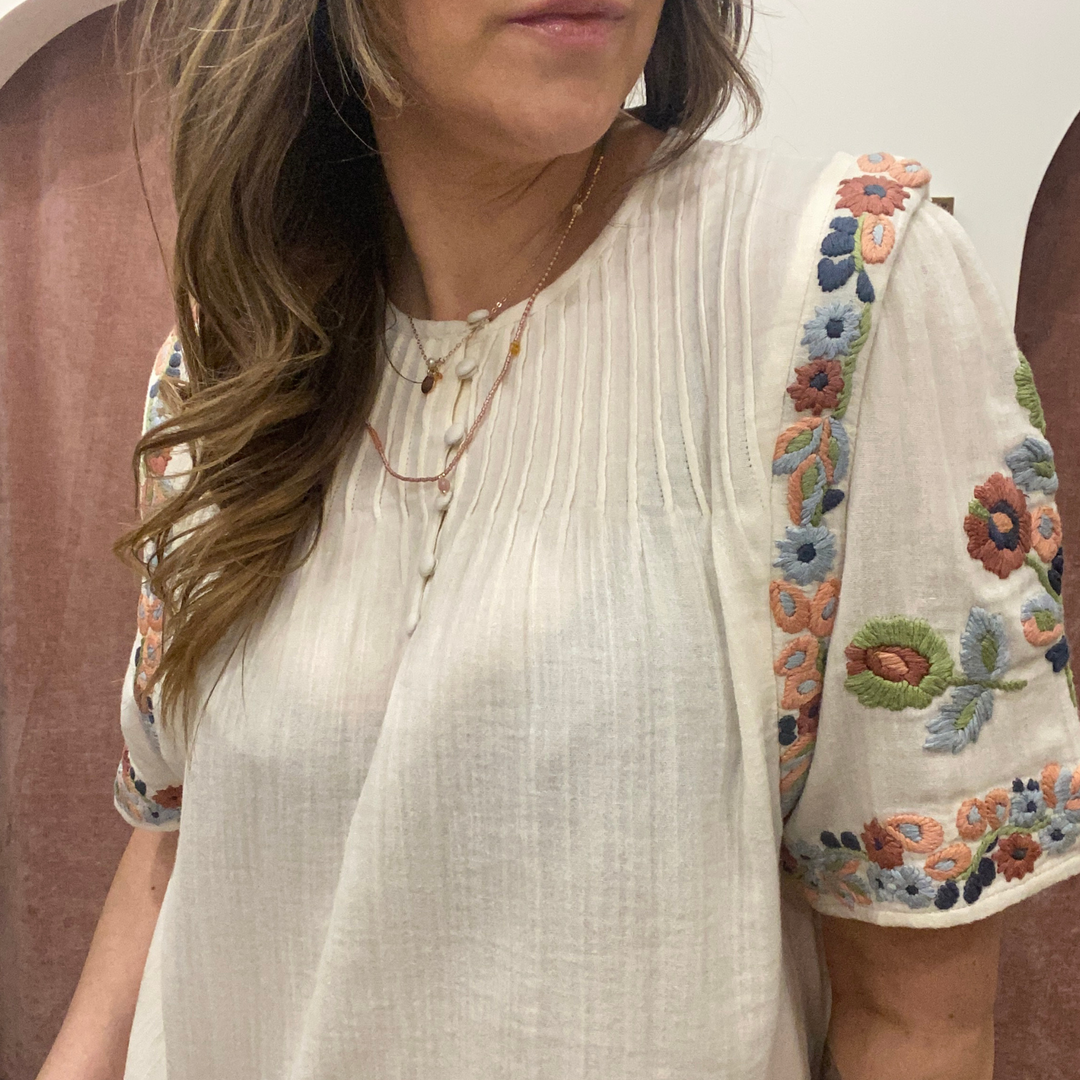 Louizon badge floral embroidered blouse top featuring colorful floral details and lightweight fabric, stylish and casual for everyday wear.