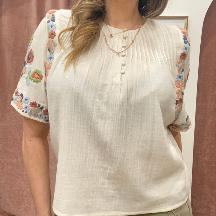 Louizon badge embroidered blouse top featuring colorful floral embroidered badge detail on lightweight fabric.