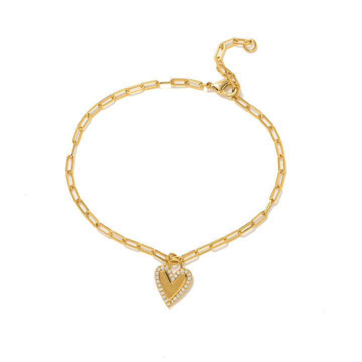 Women’s gold plated paper clip chain bracelet with cubic zirconia stones on heart charm