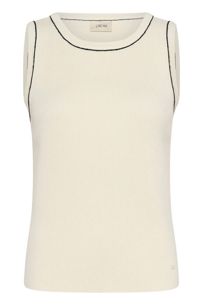 Cream Vilea ribbed knit tank top displayed on a hanger, showcasing its fitted sleeveless design and textured ribbed fabric.