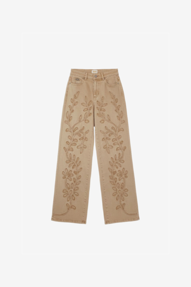 Virginia floral embroidered khaki jeans by NKN by Nekane featuring intricate floral embroidery on classic khaki pant style.