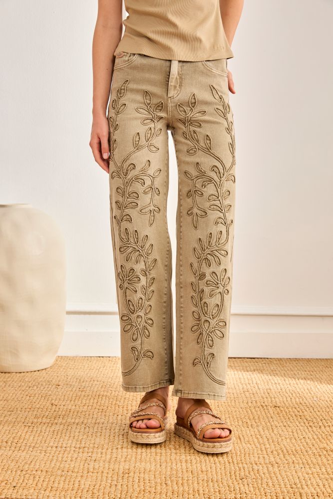 NKN by Nekane Virginia floral embroidered khaki jean pant with intricate floral embroidery and classic fit.
