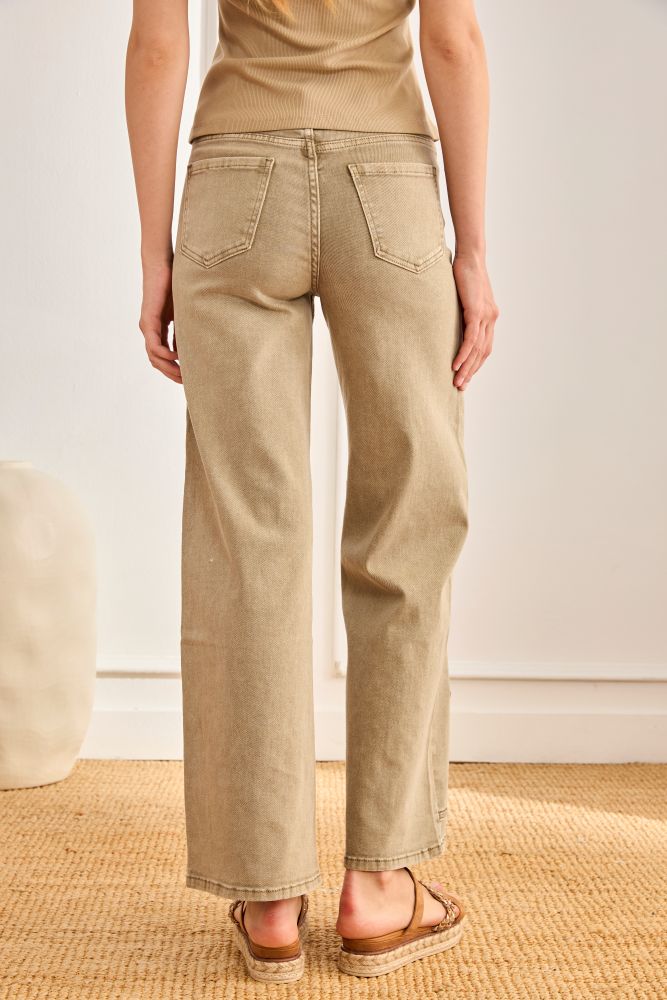 Virginia Floral Embroidered Khaki Jean pant by NKN by Nekane featuring floral embroidery and classic khaki fabric.