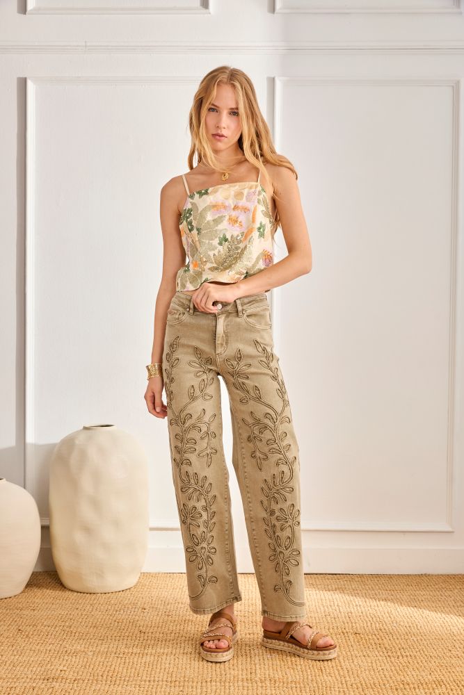 Virginia floral embroidered khaki jean pant by NKN by Nekane featuring intricate floral embroidery and classic pant design.