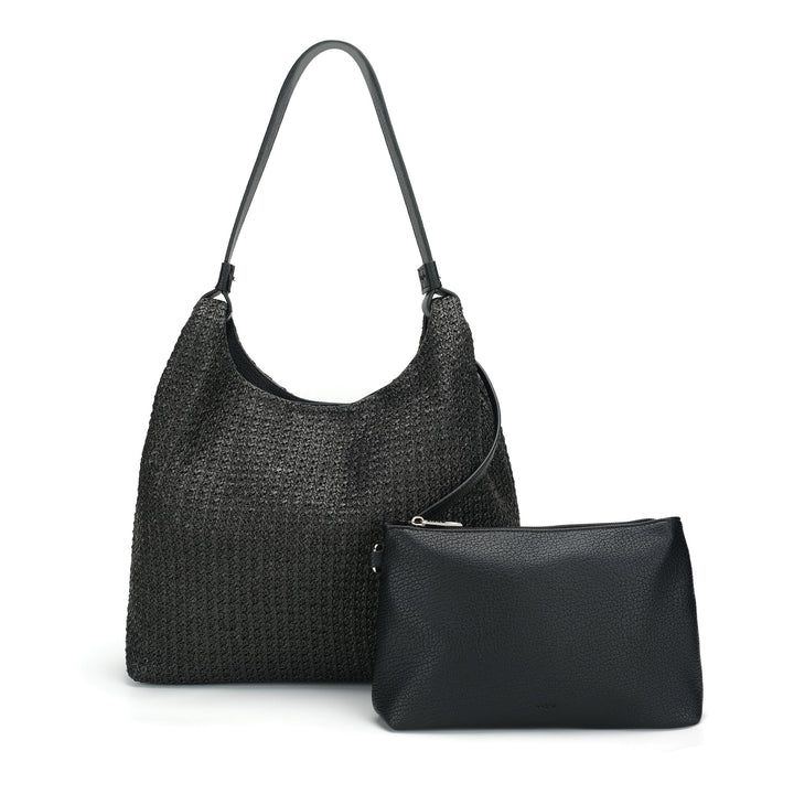 CoLab Vivi Raffia Hobo Shoulder Bag in black with woven raffia design and spacious tote style.