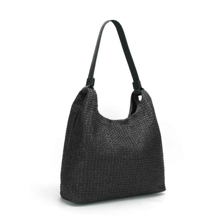 CoLab Vivi Raffia Hobo Shoulder Bag in black, featuring woven raffia design and shoulder strap, stylish accessory for casual wear.
