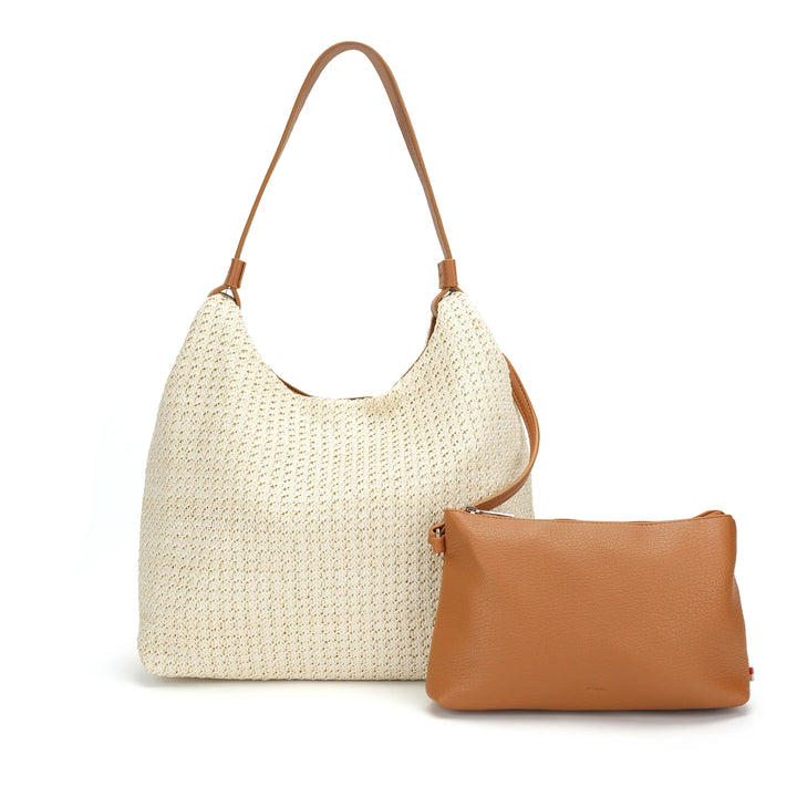 CoLab Vivi Raffia Hobo shoulder bag in black with woven raffia material and shoulder strap, stylish and spacious for everyday use.