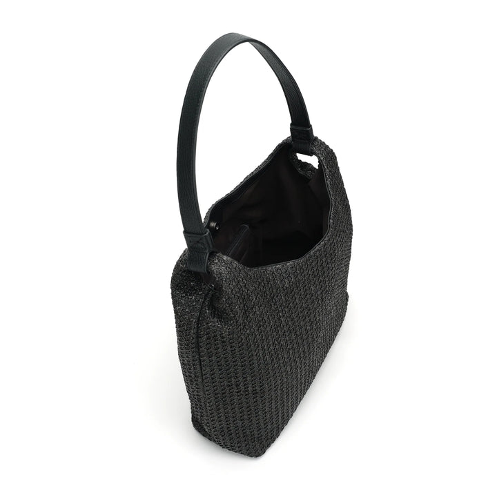 CoLab Vivi Raffia Hobo Shoulder Bag in black with woven raffia design, featuring a casual, stylish tote style for everyday use.