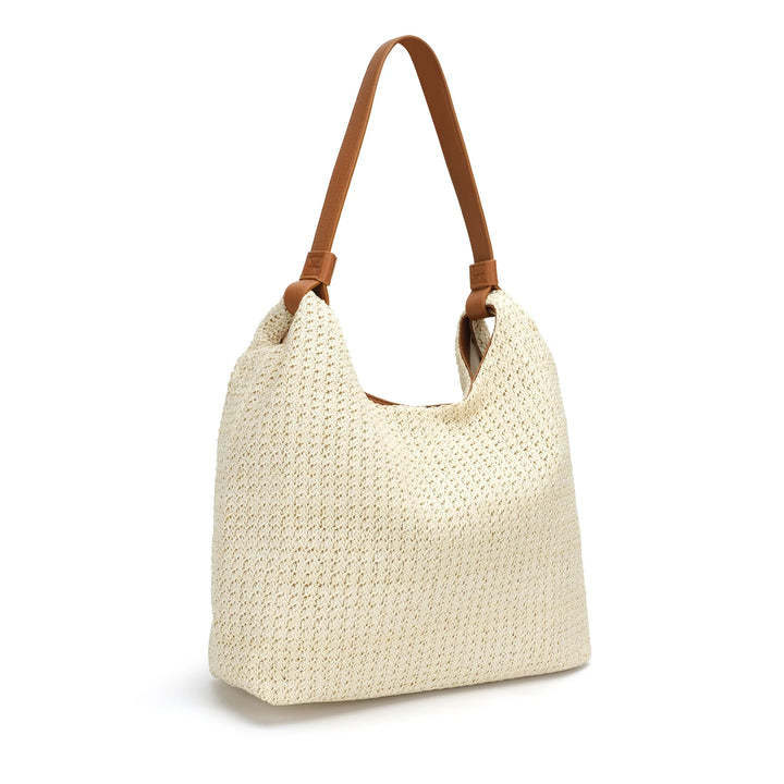 CoLab Vivi Raffia Hobo shoulder bag in tan with woven raffia texture and shoulder strap, stylish and lightweight accessory