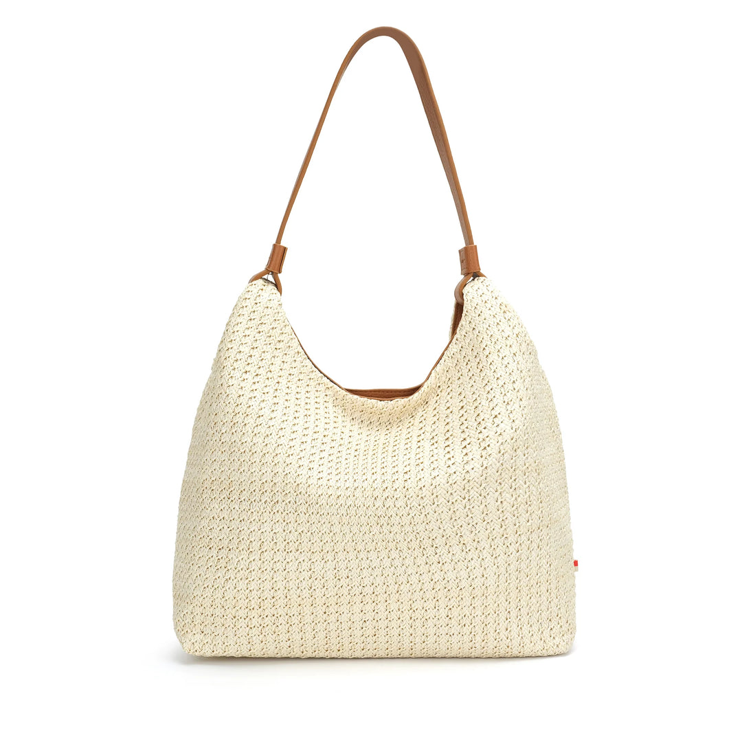 CoLab Vivi Raffia Hobo Shoulder Bag in tan with woven rattan design and shoulder strap, stylish eco-friendly tote for everyday use.