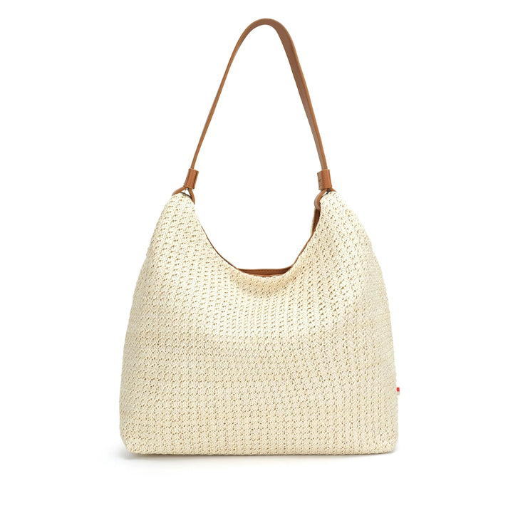 CoLab Vivi Raffia Hobo Shoulder Bag in tan with woven rattan design and shoulder strap, stylish eco-friendly tote for everyday use.